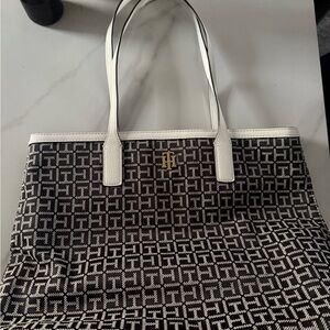 Tommy Hilfiger Navy and White Monogram Tote with Gold Logo